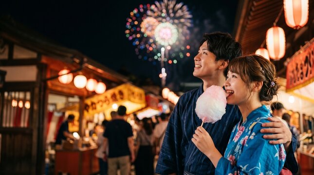 浴衣姿で夏祭りと花火を楽しむ若いカップル
