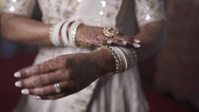 Indian bride showing intricate henna hands and traditional jewelry at wedding ceremony