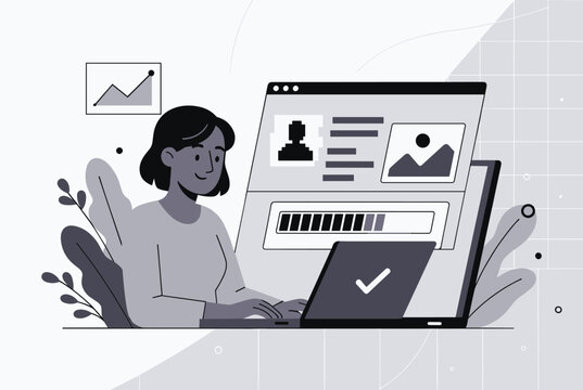 Focused woman updates her online profile or portfolio on a laptop with a loading bar and a progress screen in the background.