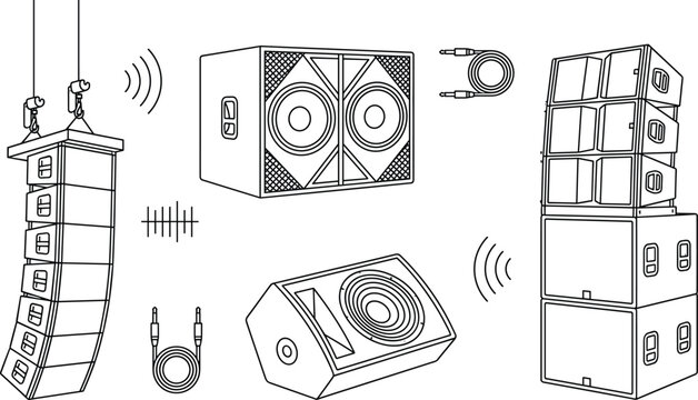 Professional stage audio sound system line art icons set with line array speakers subwoofers and cables vector illustration.