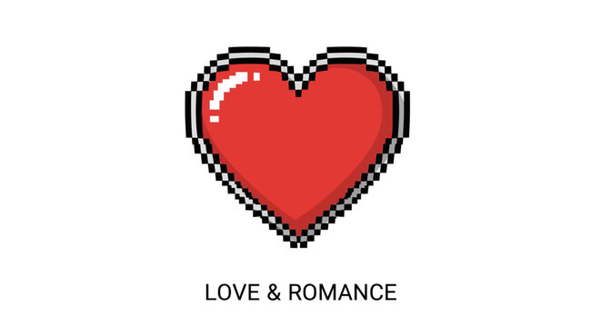 A pixelated red heart icon representing love and romance in a retro 8 bit video game style.