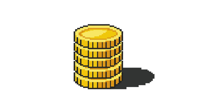 A pixel art stack of four shiny gold coins for a retro video game.