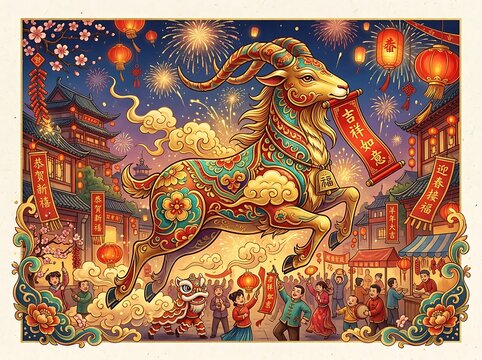 Artistic illustration of jumping goat with chinese traditional elements and festive decorations.