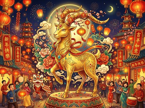 Golden goat statue surrounded by traditional lanterns and people celebrating chinese new year.