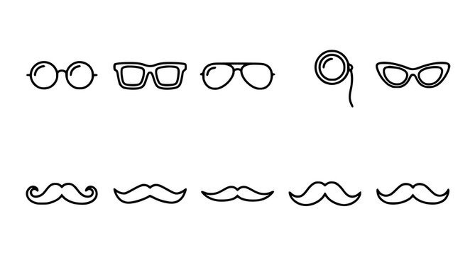 Variety of hand drawn eyeglasses and mustaches line art collection for design projects