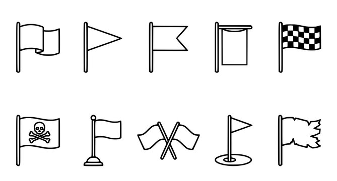 A collection of various flag icons in black line art on a white background
