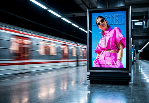 Vertical billboard mockup on subway platform with blurred train
