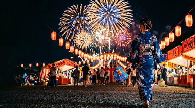 夏祭りの夜店を歩く浴衣の女性と打ち上げ花火