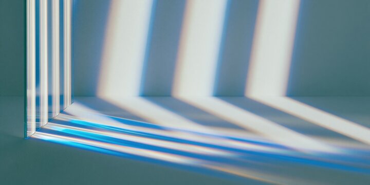 Fluted glass projecting light beams across a minimalist surface, creating luminous vertical bands with cool blue refraction for premium branding background