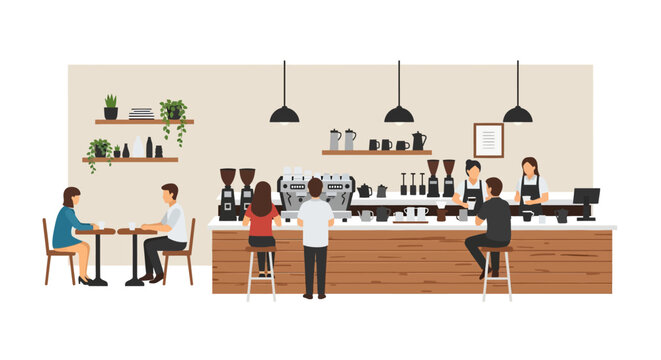Barista serving coffee to customers.