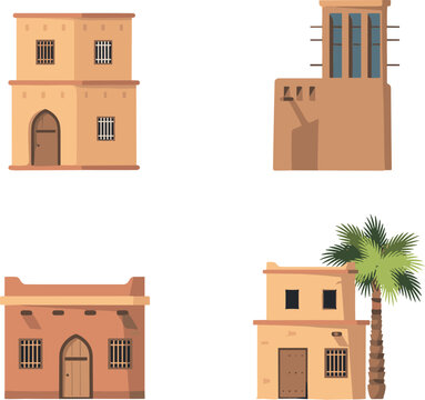 Traditional Arabic Clay House Vector Set Featuring Old Middle Eastern Mud Buildings Desert Adobe Architecture and Wind Tower Elements for Design