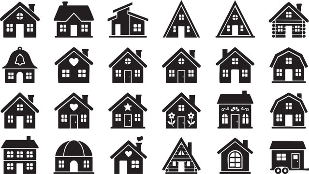 Collection of various house icons in black silhouette