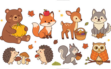 Obraz premium Cute Autumn Woodland Animals Vector Clipart Set with Kawaii Bear Holding Pumpkin Fox Deer Squirrel Owl and Thanksgiving Elements for Kids