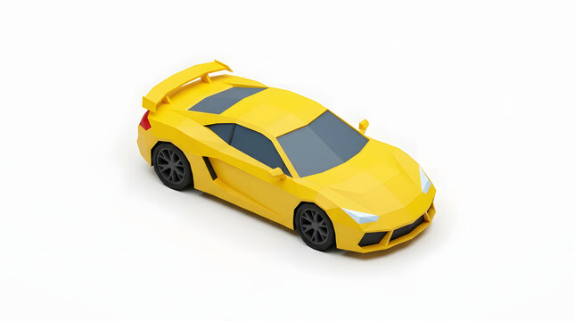 Yellow geometric luxury sports car low poly 3D render isolated on white background