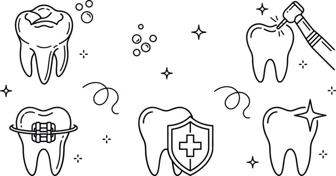 Dental care medical vector icons set with tooth braces shield protection drill clean shiny health dentistry line art