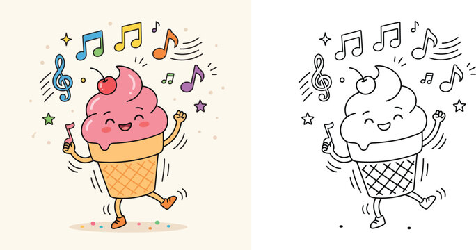 Cute dancing ice cream cone character with music notes vector illustration, colored and black and white coloring page outline set for kids