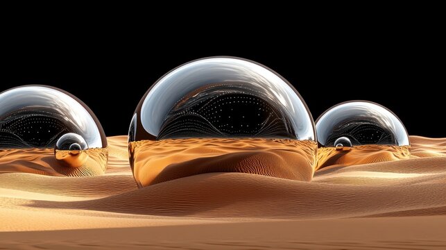 Three shiny spheres of varying sizes are arranged in a desert landscape, reflecting the sky and sand.