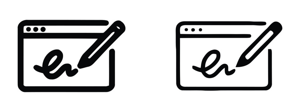 Document signing icon set with pencil and signature for contracts and legal agreements. Web Edit Multiple Style Icon Design Vector - Browser window with pencil, representing online editing.