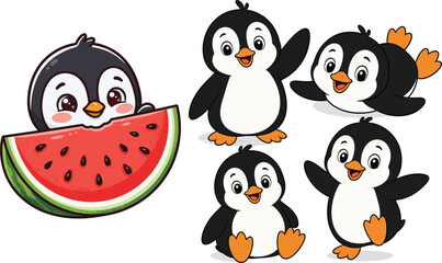 Cute cartoon penguins in various poses with a slice of watermelon © MDZiaul