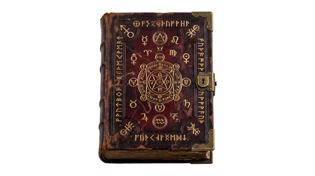 Ancient magic spell book with golden astrological symbols