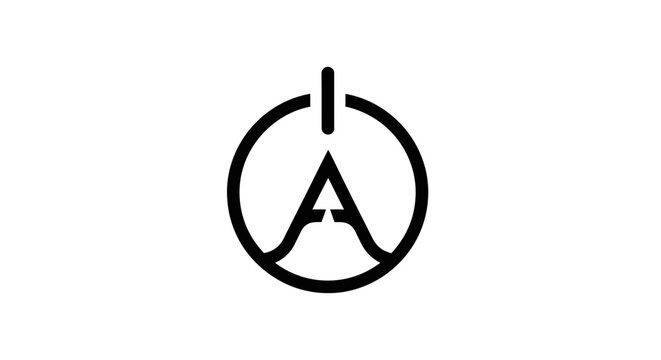 Black circular logo with stylized letter "A" inside, intersected by a vertical line