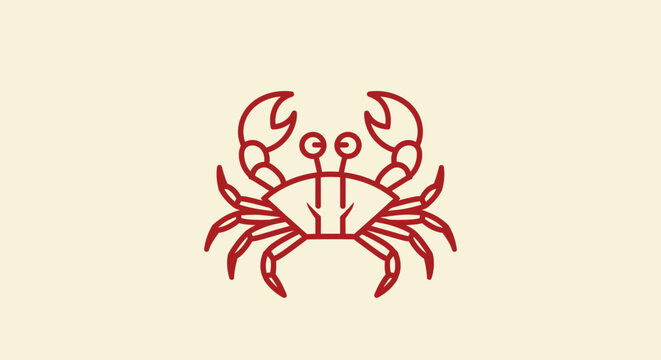 Simple line drawing of a red crab with claws, legs, eyes, and antennae on a beige background