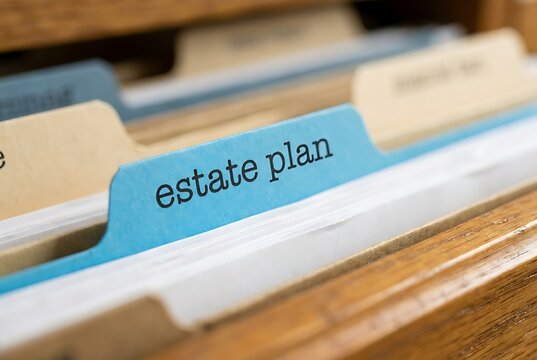 Close up of blue tab labeled estate plan in office file organizer with other manila folders and documents, legal planning for assets and inheritance.