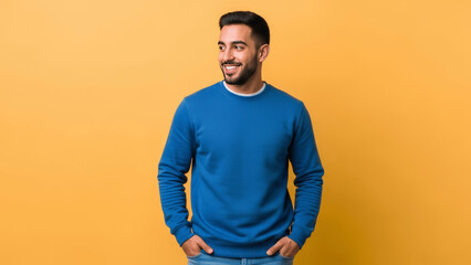 Fototapeta premium Happy Young Man Looking Away with Copy Space Isolated on Yellow Background