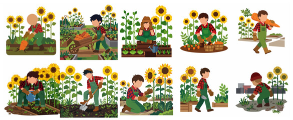 Fototapeta premium Set of cartoon illustrations featuring a boy gardening, harvesting vegetables, and planting in a field of sunflowers.