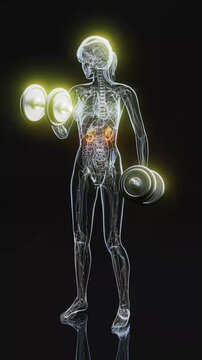 Conceptual 3D animation of an x-ray woman lifting weights with visible kidneys
