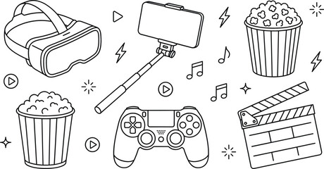 Entertainment and multimedia linear icon set featuring virtual reality headset gamepad selfie stick popcorn and movie clapperboard illustration © vector design 