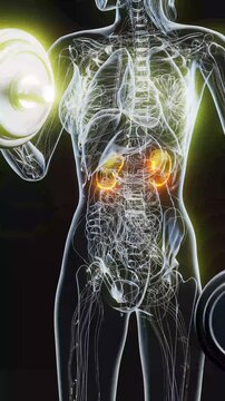 Conceptual 3D animation of an x-ray woman lifting weights with visible kidneys
