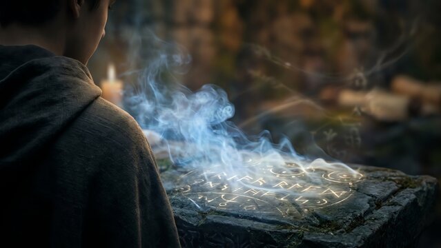 Magic Spell on Ancient Stone Slab with Smoke Effect