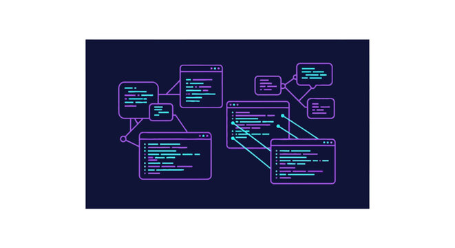 Software development concept with floating code windows