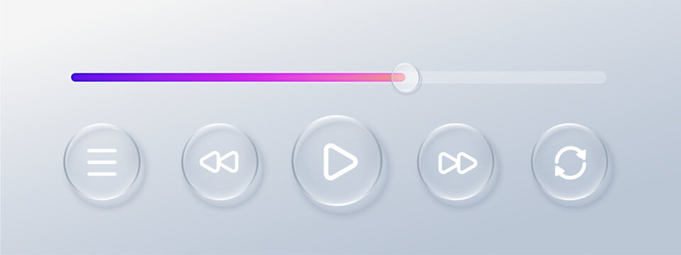 Glass play 3d with button music liquid and effect player ui. Bar frosted rectangle with box app pause and web transparent icon. Frame element glass with morphism ux button and white round music