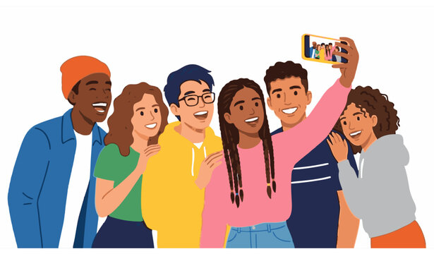 Diverse group of happy friends taking selfie vector illustration friendship team concept isolated on white background