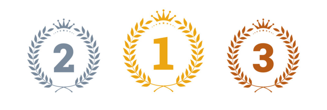 Minimal award icon collection with first second third ranking symbols. Elegant gold silver bronze vector place badges with laurel wreaths, crowns, and stars isolated on transparent background.