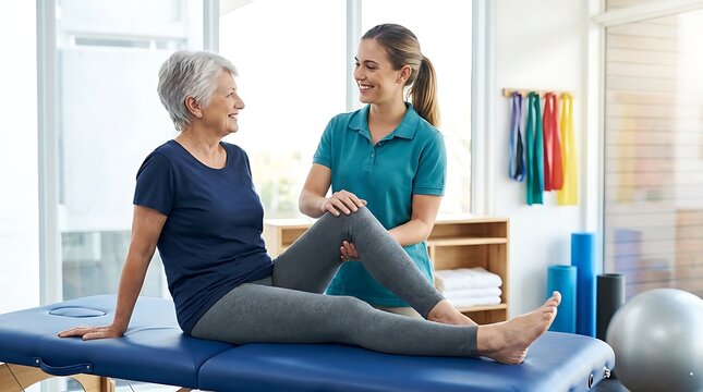 Physical therapist assisting elderly woman with leg exercise on therapy table, smiling and interacting in rehabilitation clinic.