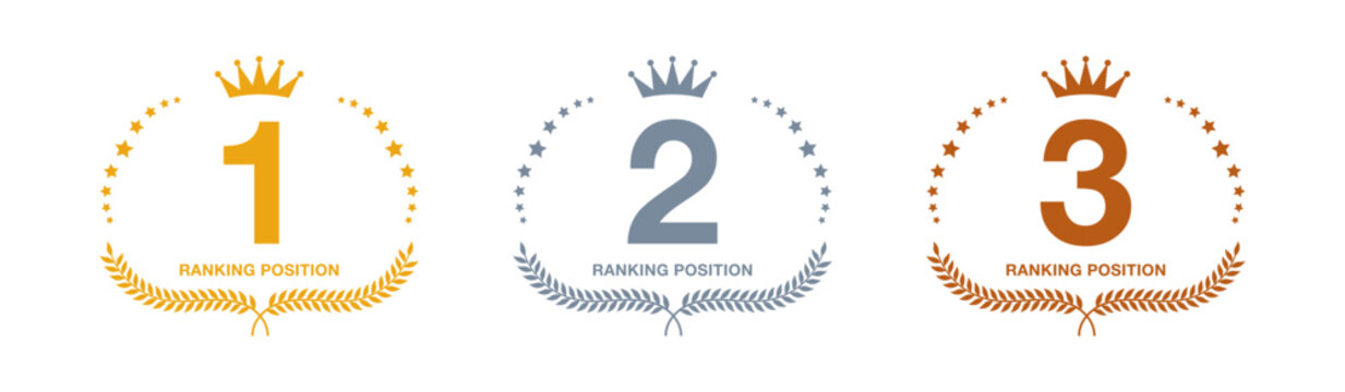 Set of three ranking position badges. First second third place winner award medal icons with laurel wreaths, crowns, and star trails. Gold silver bronze circular rating frames. Vector illustration.