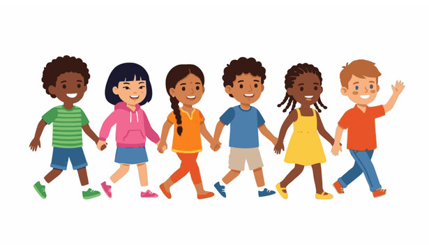 Happy multicultural children walking together vector illustration diverse boys and girls friendship concept isolated on white background