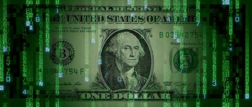 Electronic Currency Concept with One Dollar Bill made up of Animated Numbers and Symbols. Futuristic Banking Wallpaper.
