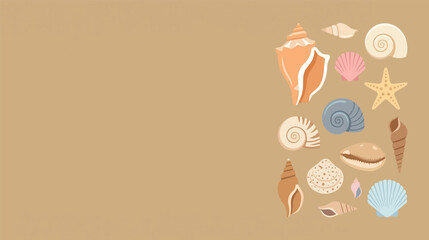 Collection of colorful seashells and starfish on beige background, minimal flat vector illustration with negative space for beach themes, summer branding, banners and design. © AbdulRehman
