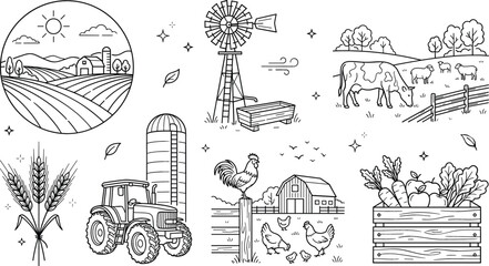 Farm agriculture countryside line icon set with tractor windmill barn cow chicken wheat vegetables silo field landscape vector © vector design 