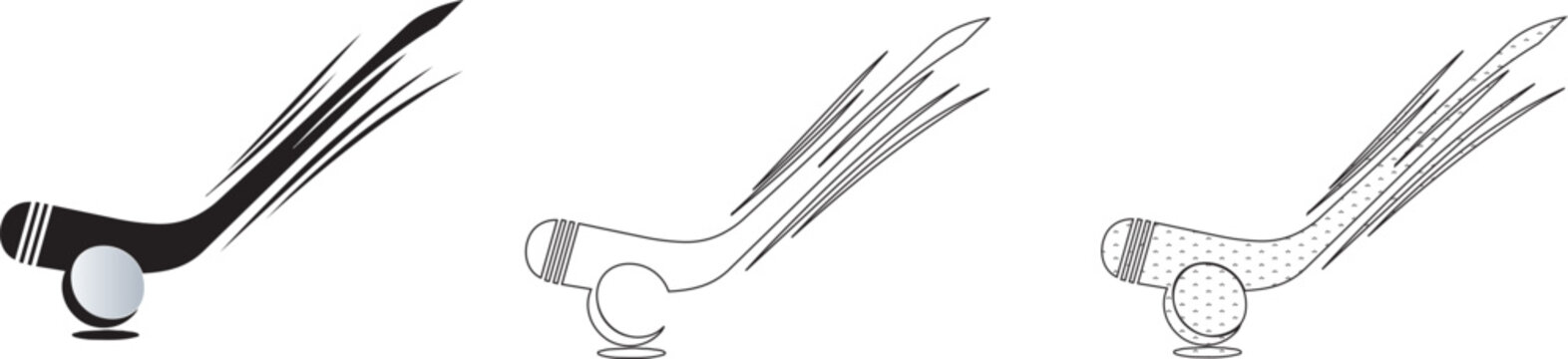 Set of three stylized hockey sticks and pucks showing movement and action