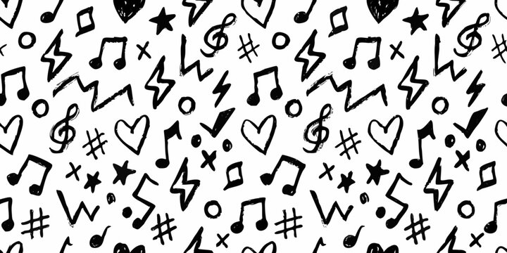 Musical notes and symbols seamless pattern black and white