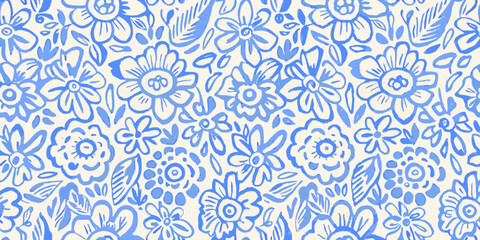 Blue floral ornament seamless vector pattern with stylized flower shapes © Anik