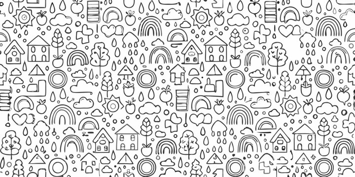 Whimsical doodle pattern featuring houses trees and fruit on a white background
