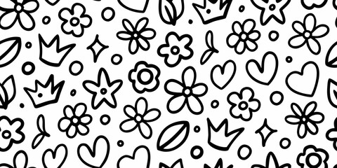 Fototapeta premium Floral and geometric pattern black and white line art vector illustration