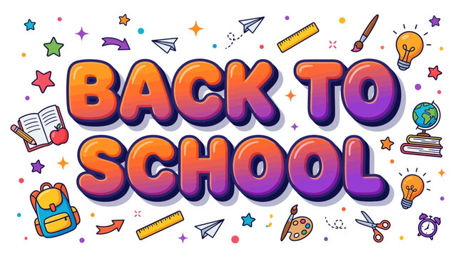 Back to School Fun Text with Cartoon Icons: Education, Learning, Supplies