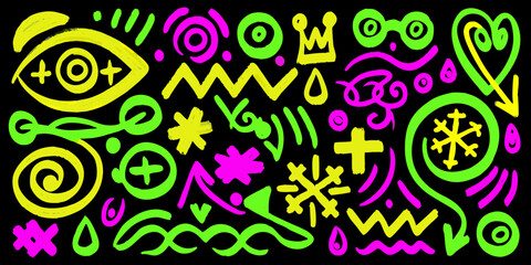 Fototapeta premium Neon doodle pattern on black background vibrant vector illustration